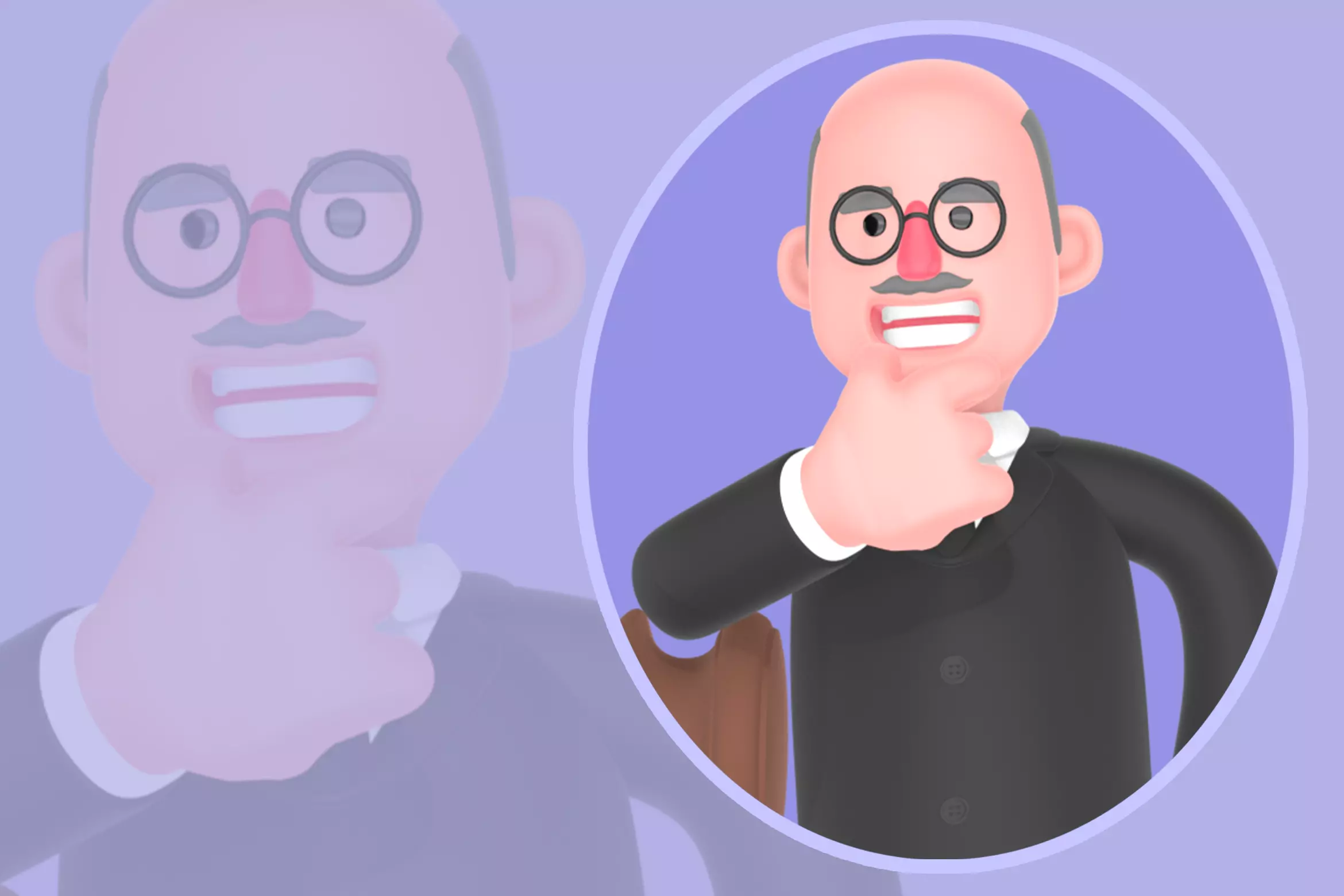 Stylized 3D Male Judge Leaning on Giant Gavel - Thinking Cartoon 3D model