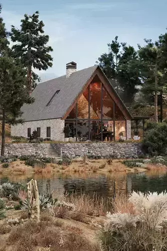 Rustic Stone Mountain House 3D model