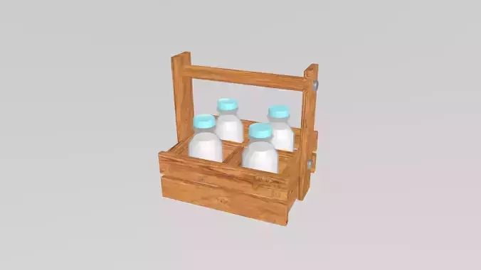 Stylized Low-Poly Milk Bottles with a Wooden Carrier Low-poly 3D model 4