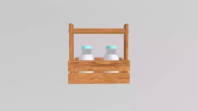 Stylized Low-Poly Milk Bottles with a Wooden Carrier Low-poly 3D model 3