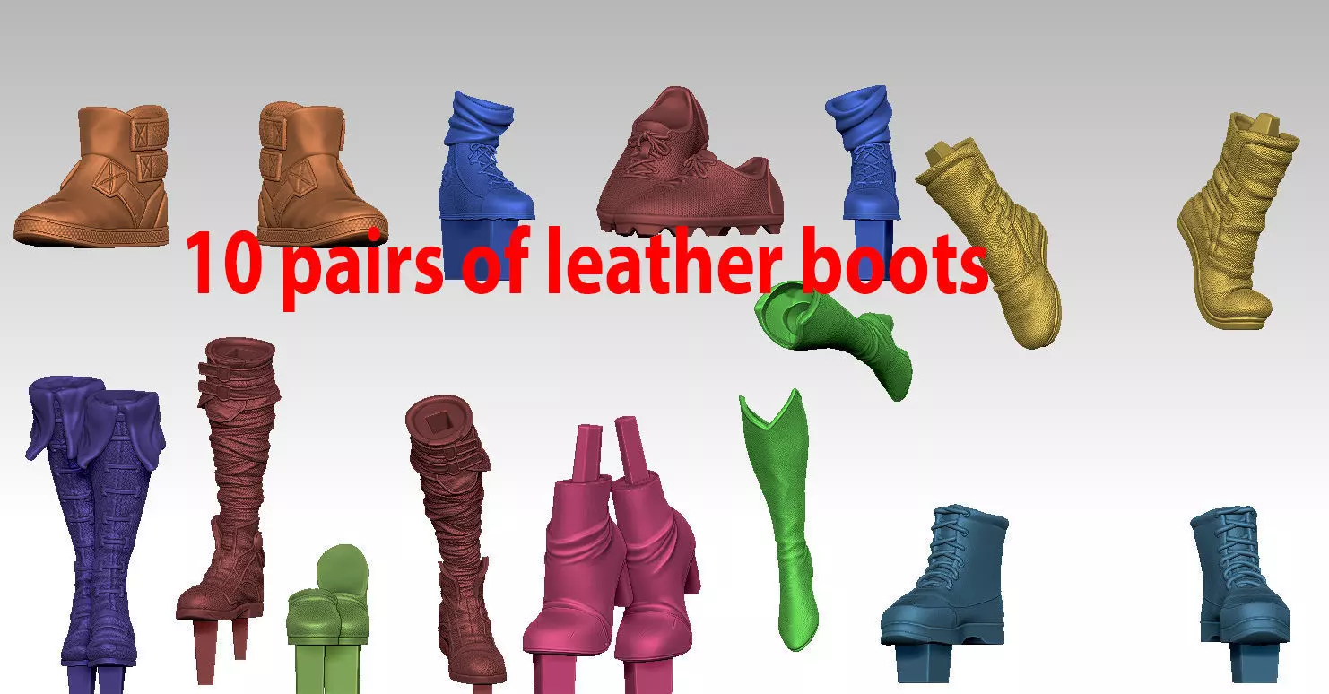 10 pairs of leather boots 3D print model