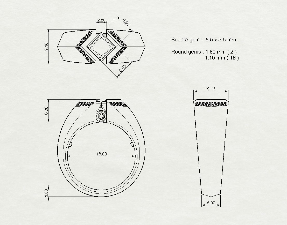 Mens ring with square gemstone 016 3D print model_2