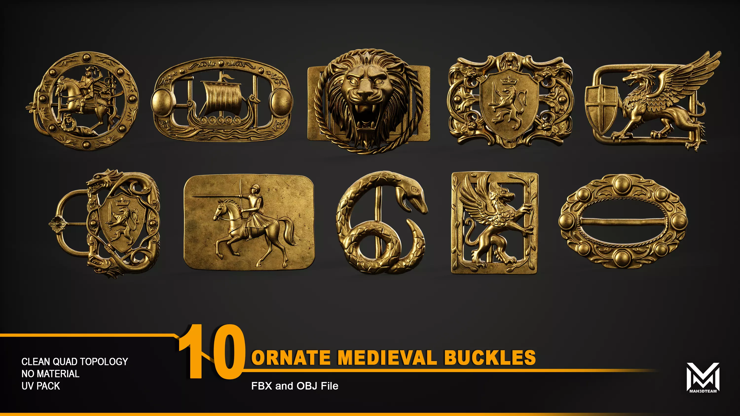 10 Ornate Medieval Buckles FBX-OBJ Files 3D model