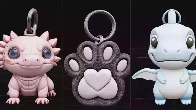 Paw Keychain Baby Dinosaur Axolotl Keychain 3 Model Pack Bundel 3D print model