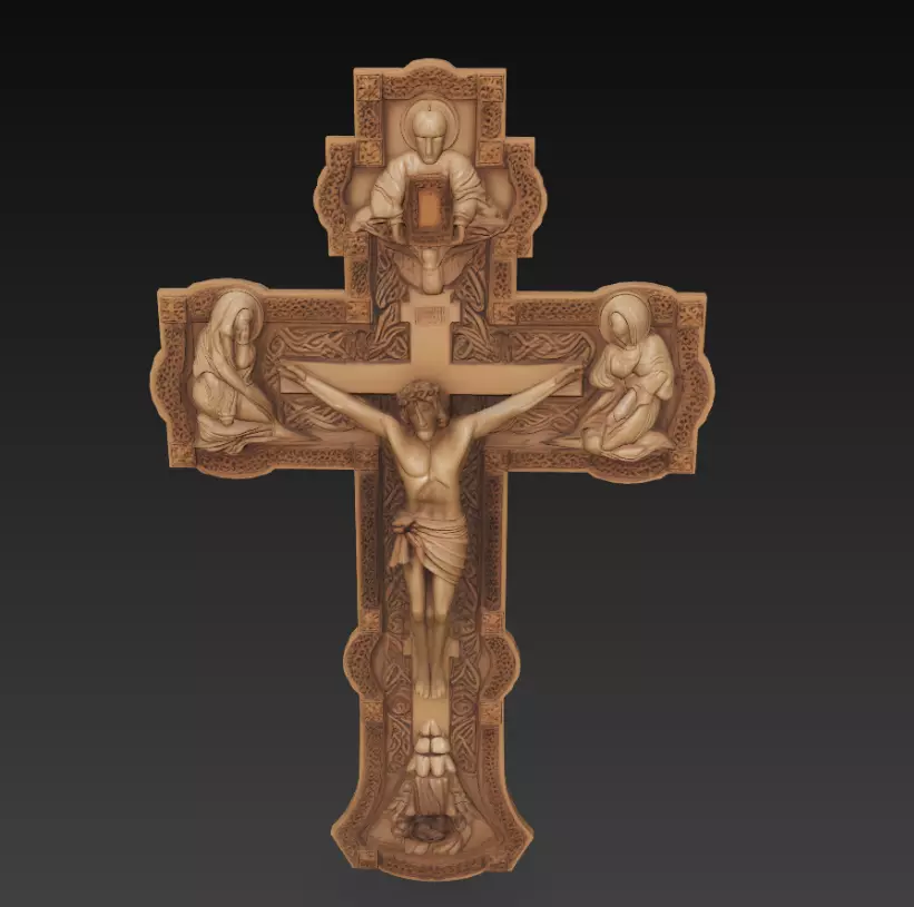 Detailed Wooden Crucifix with Sacred Figures Christian Religious 3D print model