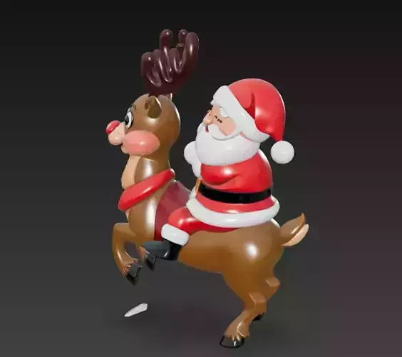 Santa Riding Reindeer - Playful Christmas Sculpture 3D Model