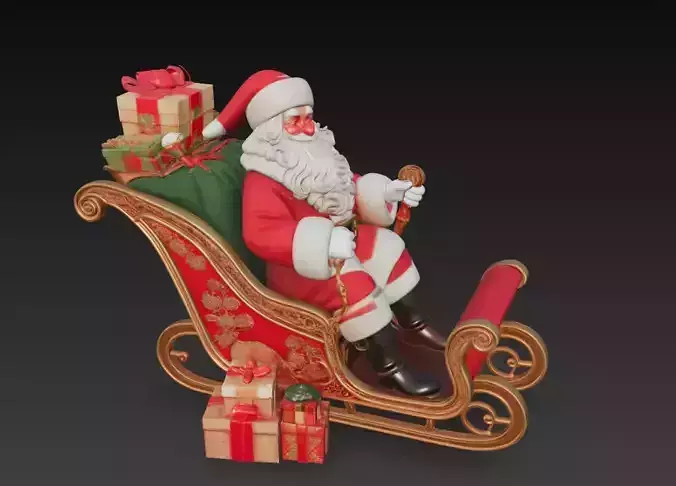 Santa Claus in Ornate Sleigh - Luxury Christmas Sculpture 3D 