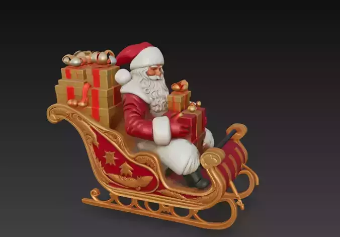 Santa Claus on Sleigh with Gifts - Christmas Holiday Sculpture 3D Model