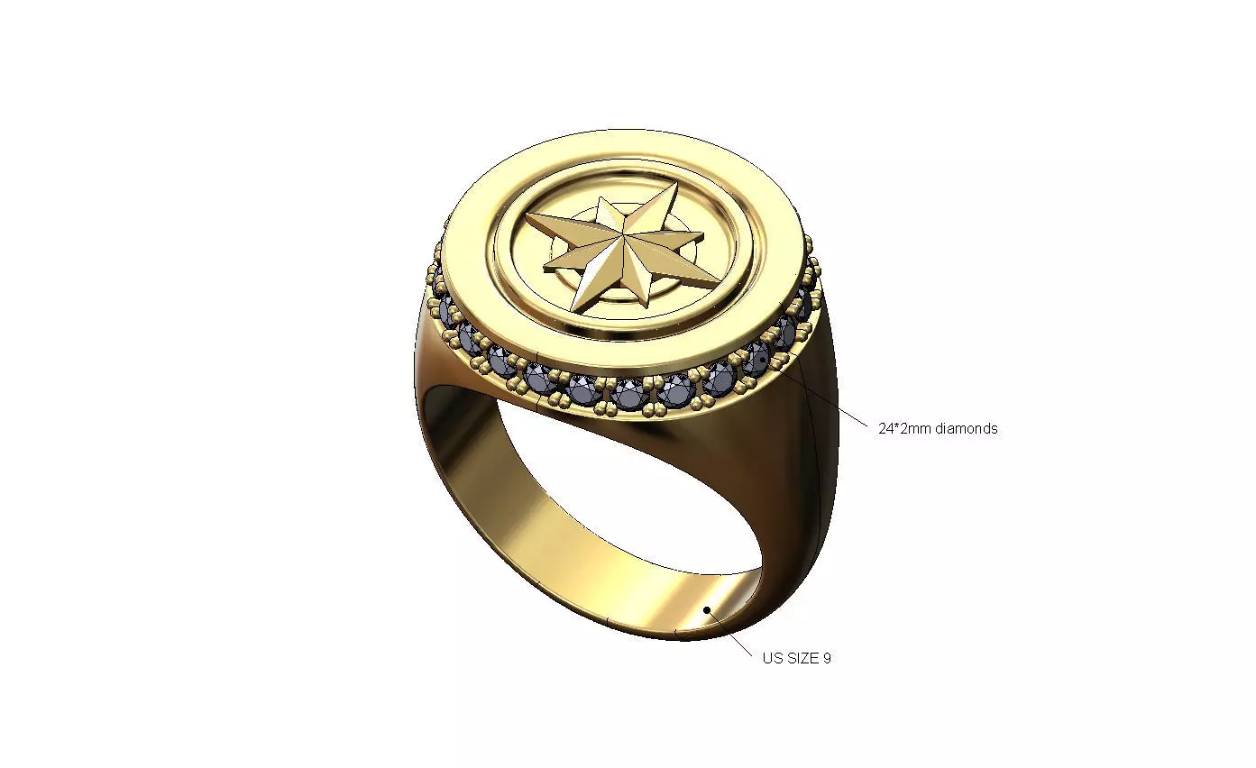 Compass ornament diamond halo round signet US size 9 3D print model