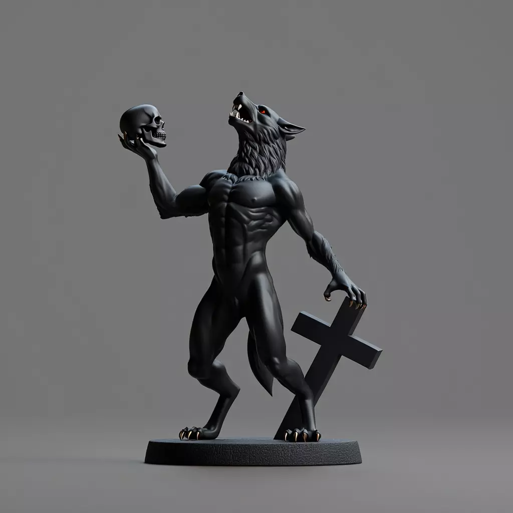 3082 Werewolf Howling with Skull 3D Model magic 3D print model