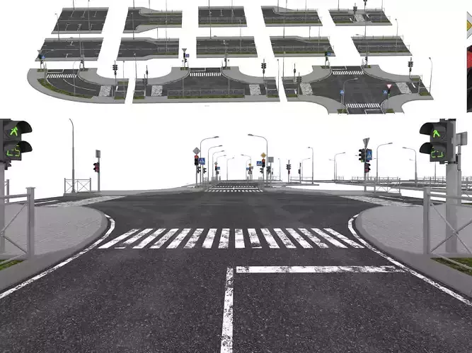 Modular Urban Road Intersection 3D Asset Pack Low-poly 3D model