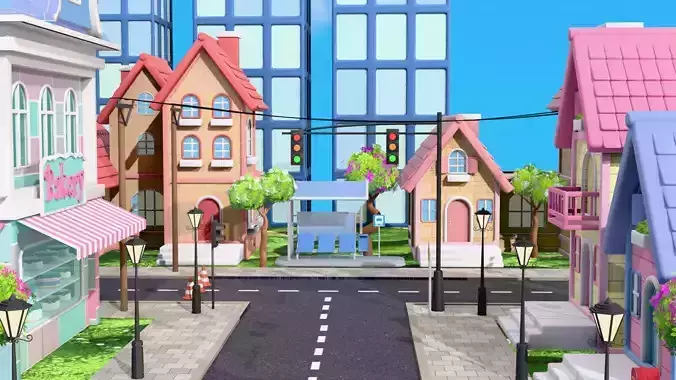 Stylized City Pack - Road Builder Addon and Props 3D model 3