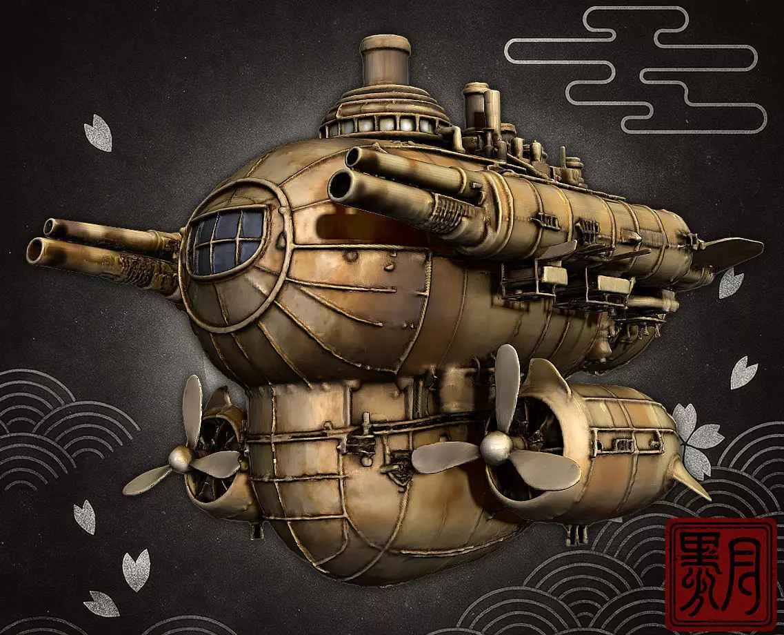 Armored Airship Retro Steampunk Sky Vessel Highpoly Game 3D print model