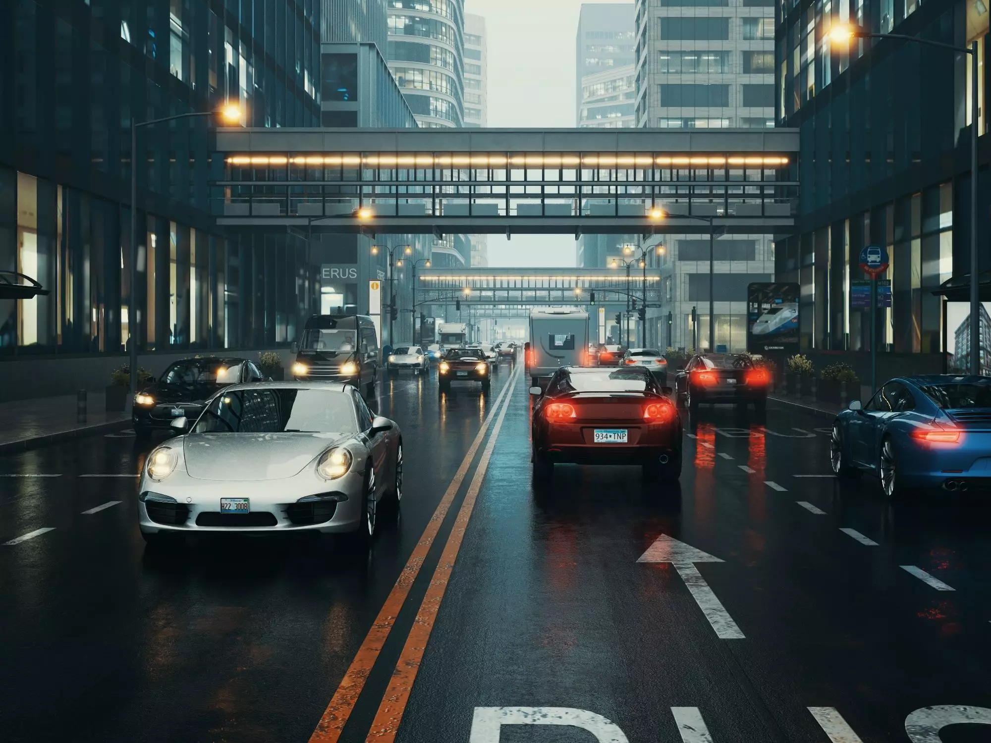 Modern city streetscape Low-poly 3D model