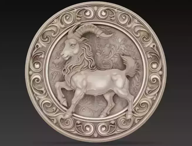 Capricorn Zodiac Medallion - Mountain Goat Relief Sculpture