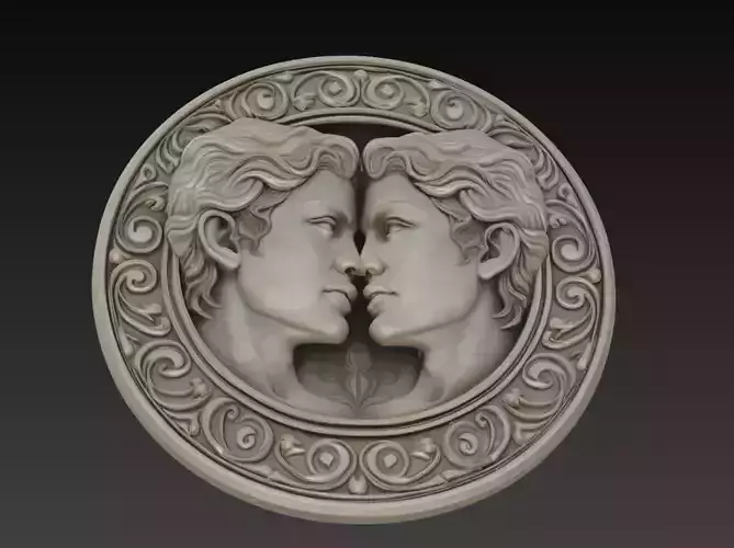 Gemini Zodiac Medallion - Twin Faces Classical Relief Sculpture