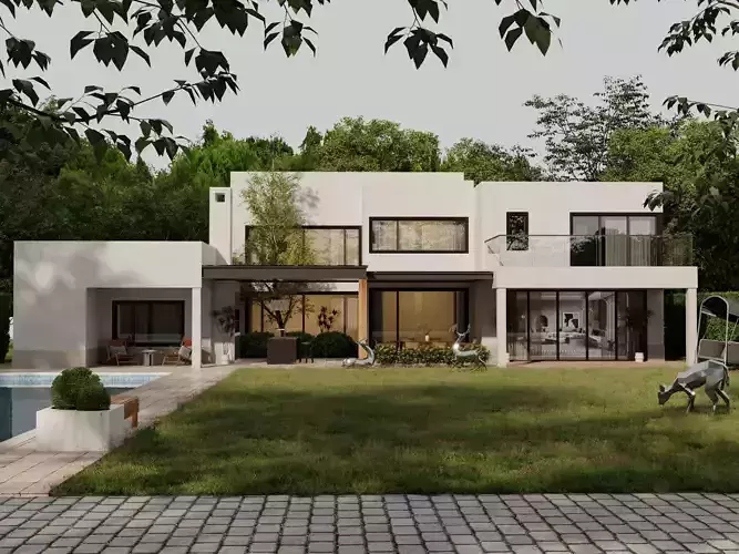 Modern Minimalist Luxury Villa with Swimming Pool Low-poly 3D model