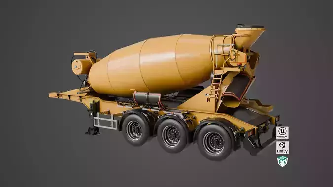 Cement Mixer Yellow Trailer Rigged All PBR Unity UE Textures