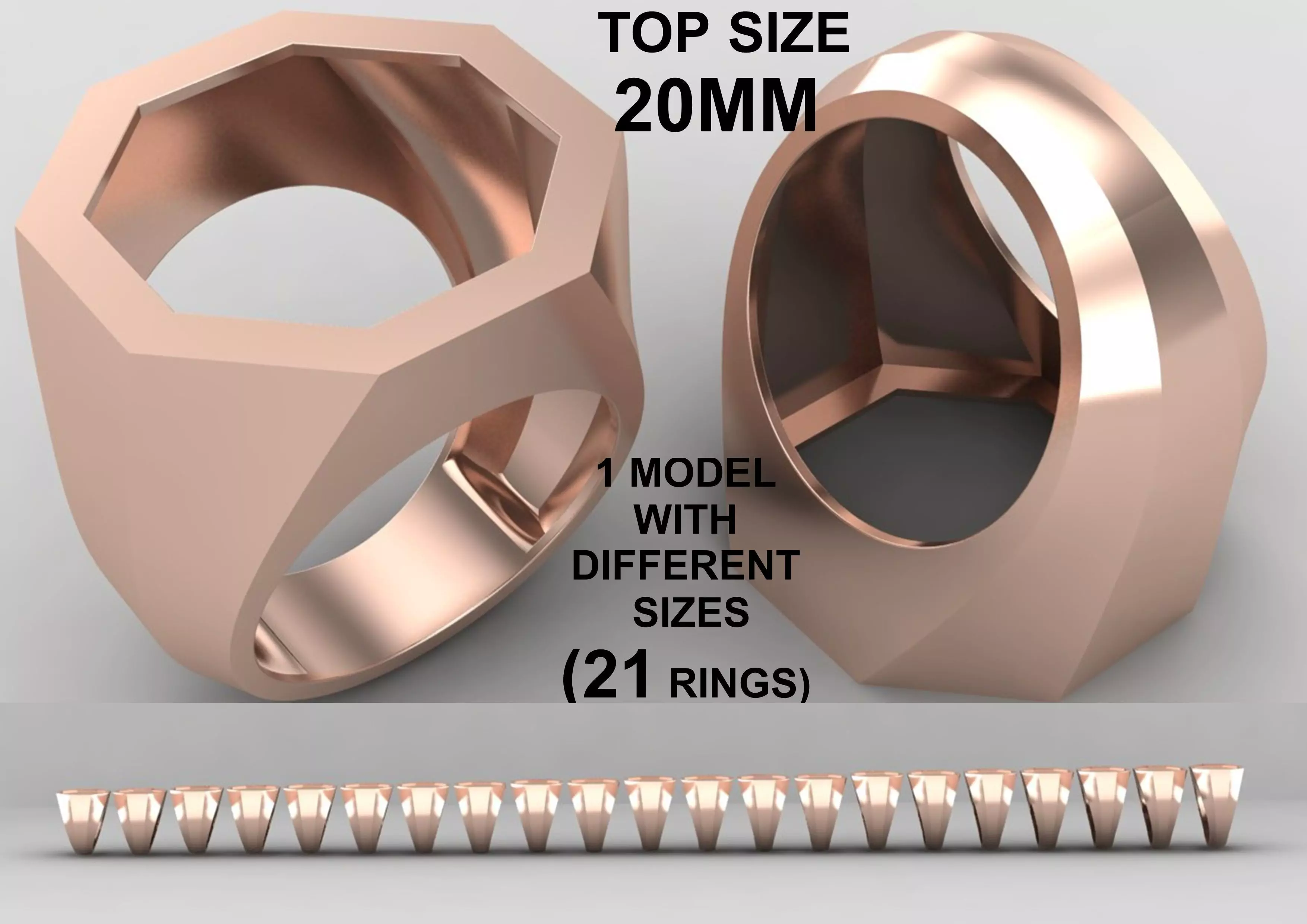 octagonal hollow Signet Ring Base 20 MM top in All sizes 264-MWC 3D print model