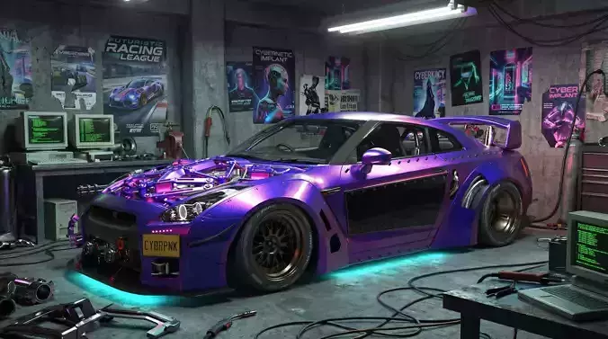 CYBERPUNK GT R R35 Neon Chrome Widebody Vehicle 3D model