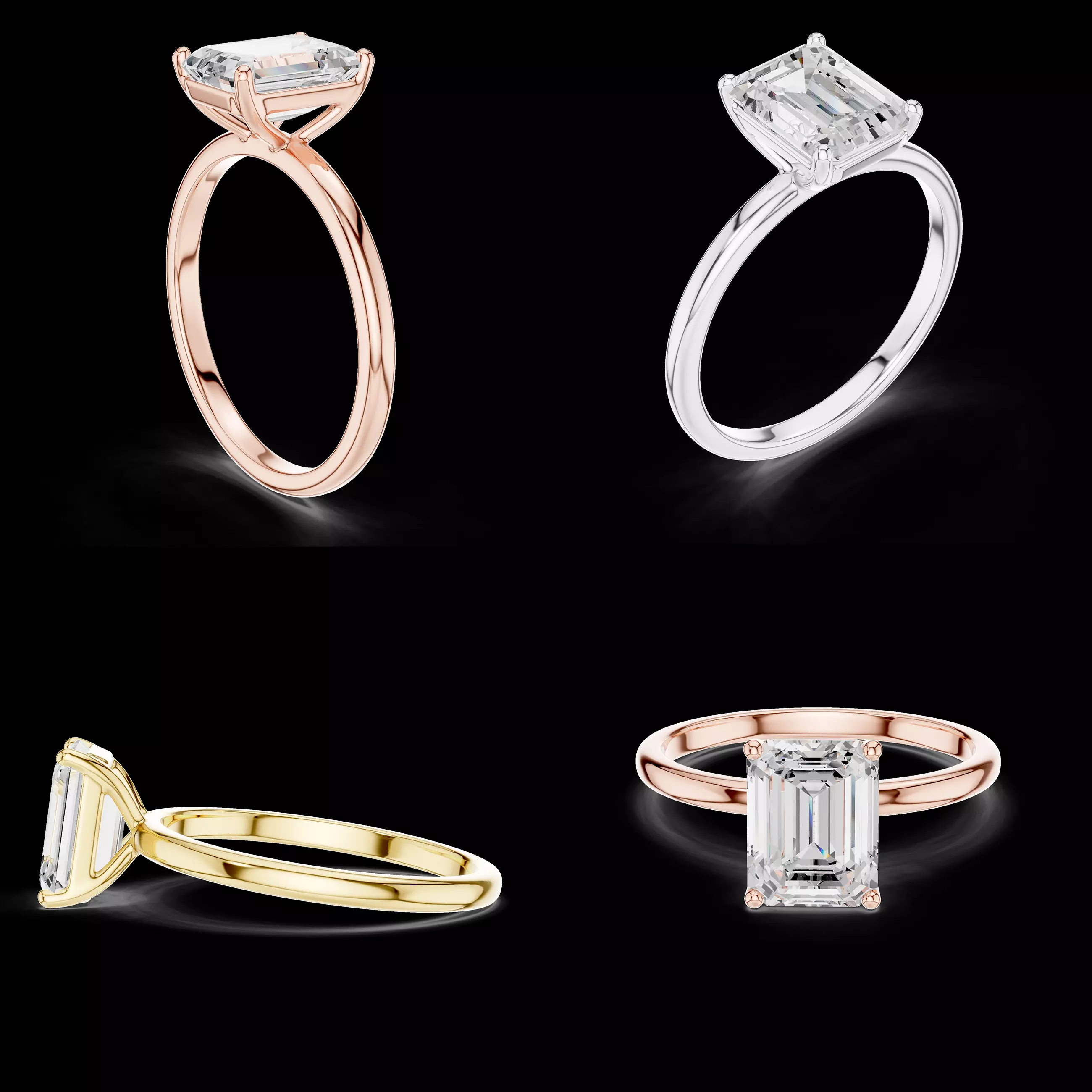 Emerald Cut Solitaire Ring CAD Design Rose Yellow White Gold 3D print model