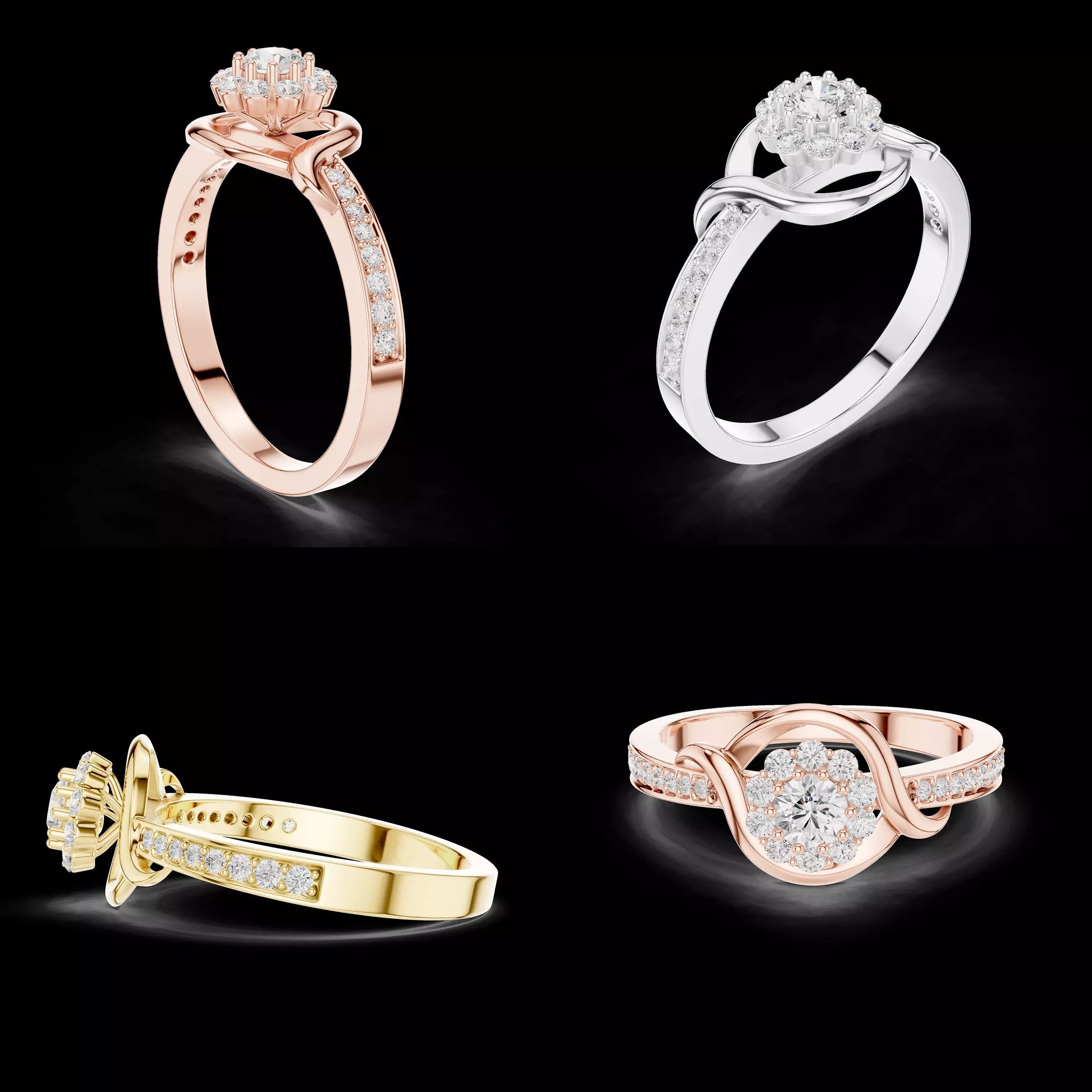 Twisted Halo Diamond Engagement Ring With Pave Band CAD Model 3D print model