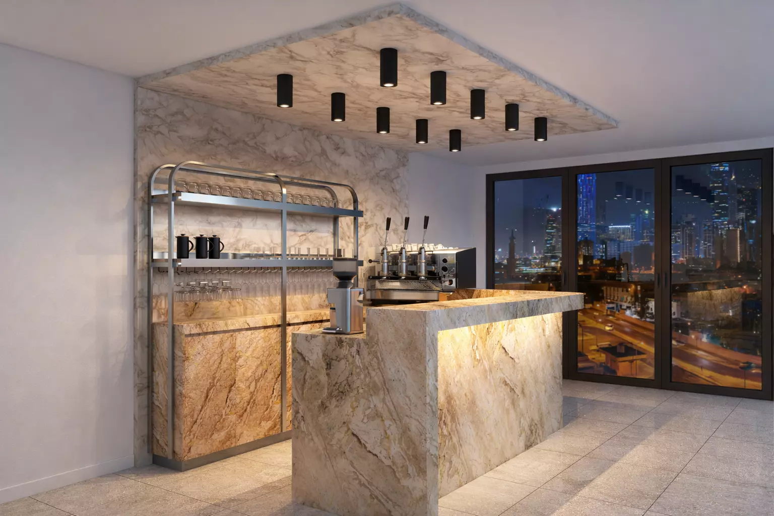Modern Coffee Counter at Twilight with City View Free 3D model