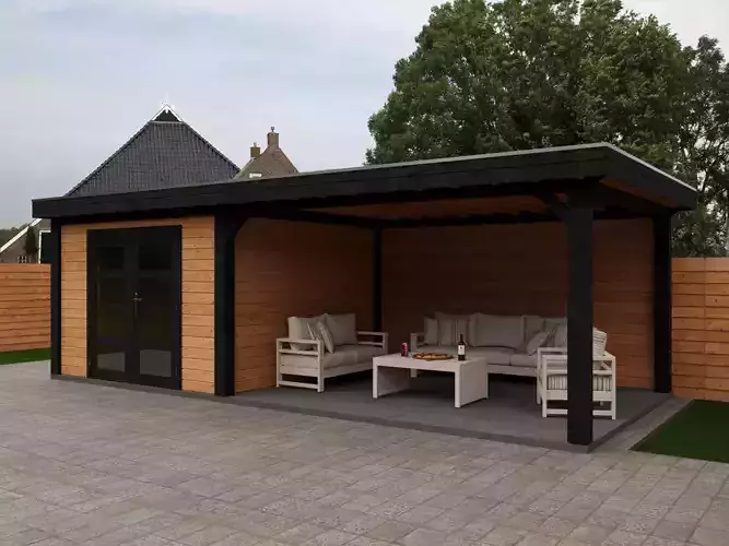 Wooden Garden House with Pergola 3D model 2