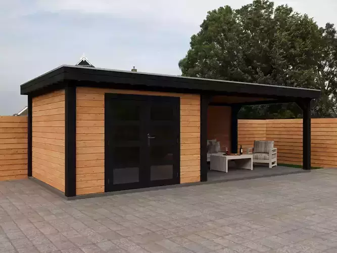 Wooden Garden House with Pergola 3D model