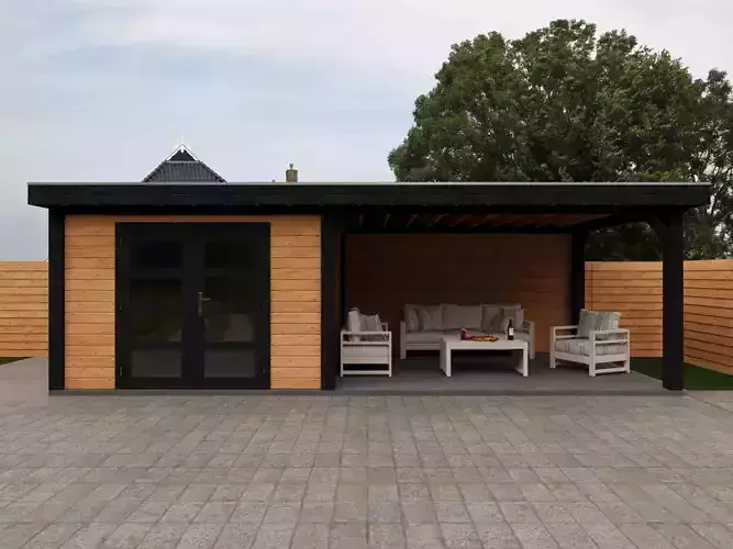 Wooden Garden House with Pergola 3D model 3