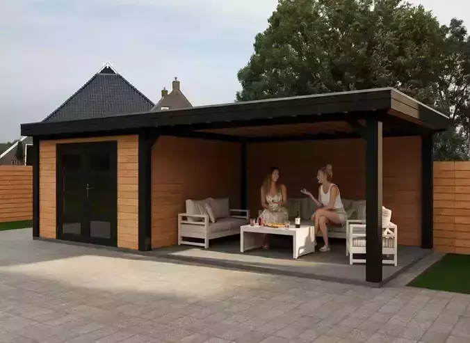Wooden Garden House with Pergola 3D model 4