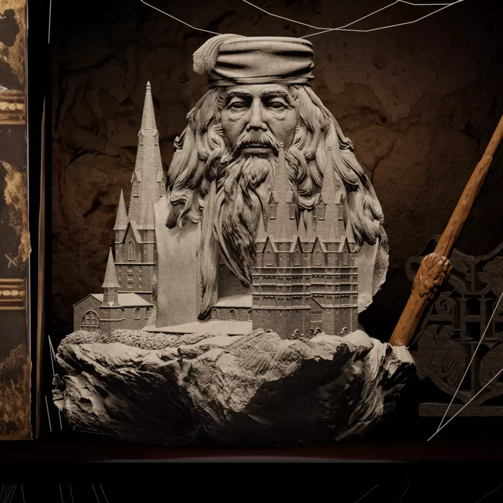 Bust of Dumbledore over Hogwarts 3D print model