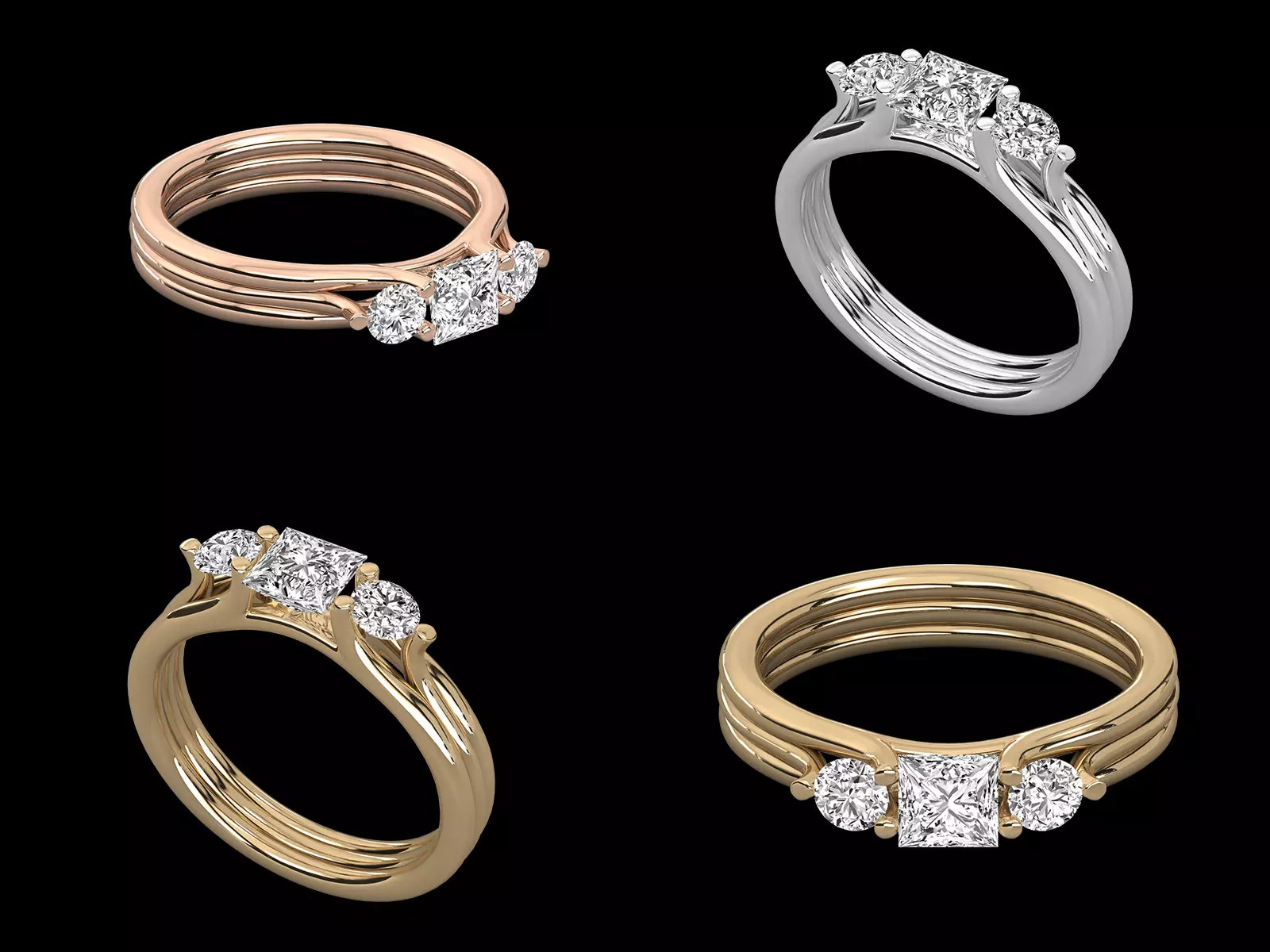 Three Stone Princess Cut Ring CAD STL 3DM Jewellery Design 3D print model