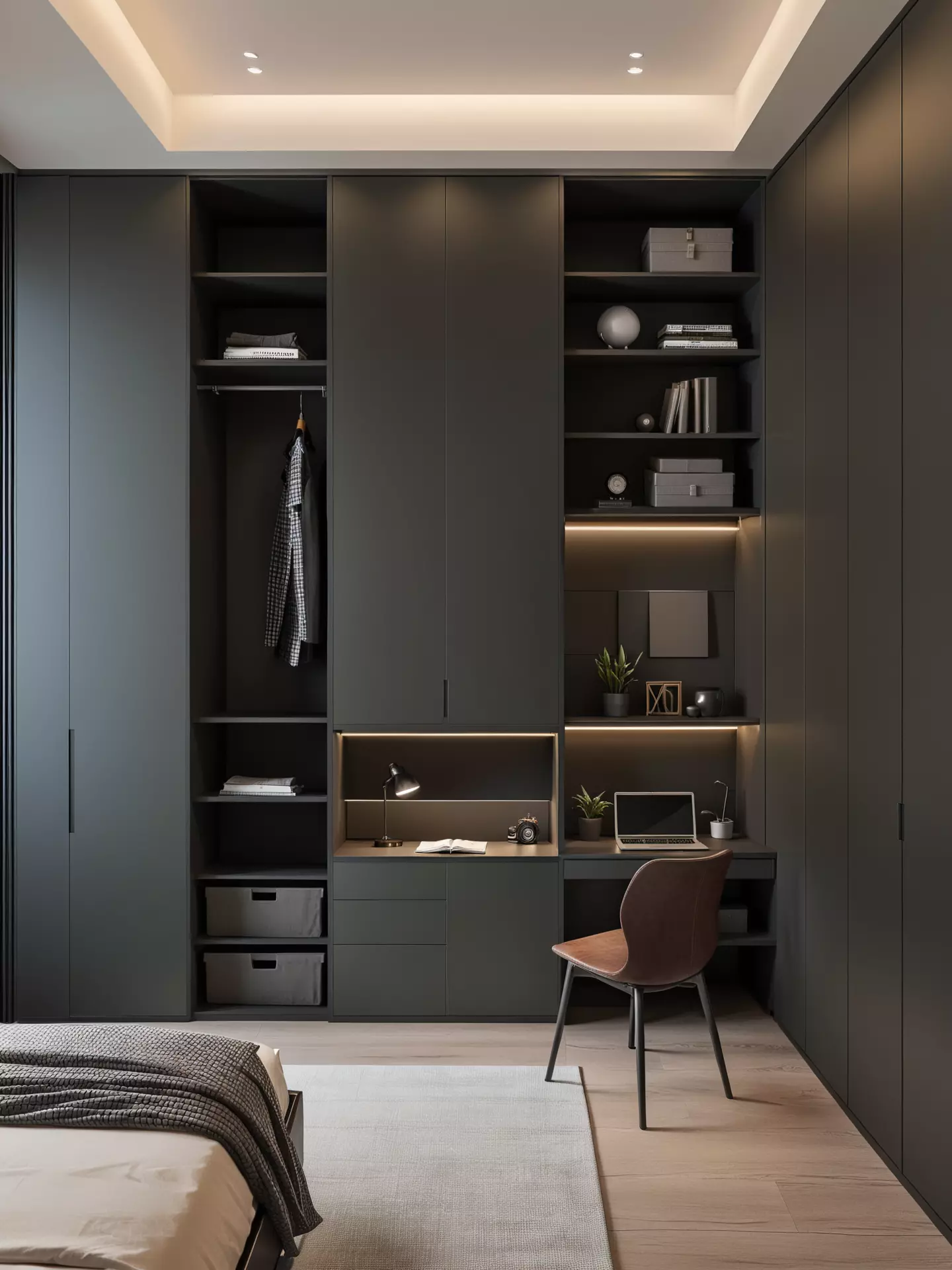 Modern Dark Home Office Wall Unit with Desk 3D model