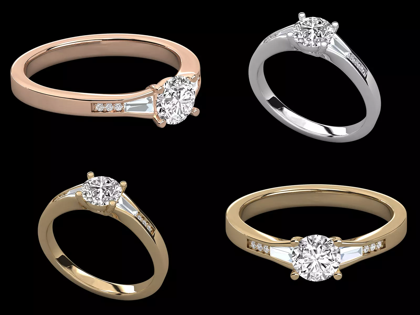 Modern Baguette Side Stone Solitaire Ring CAD Design STL 3D print model