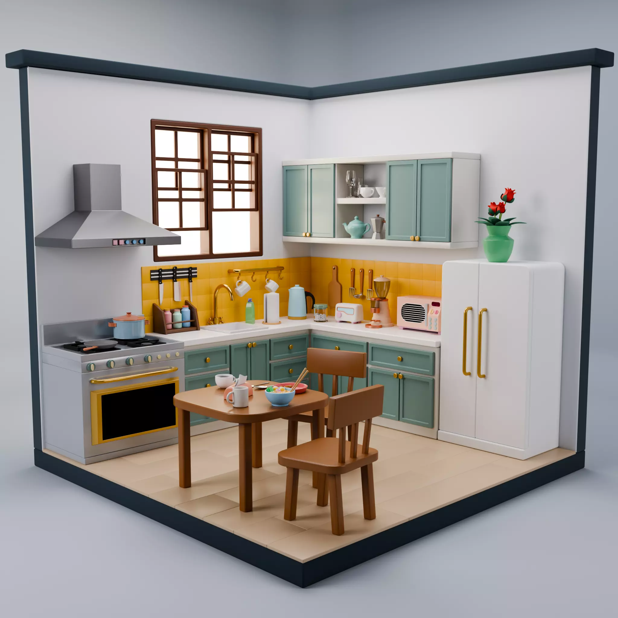 Stylized Cozy Kitchen Room Isometric Interior Low-poly 3D model