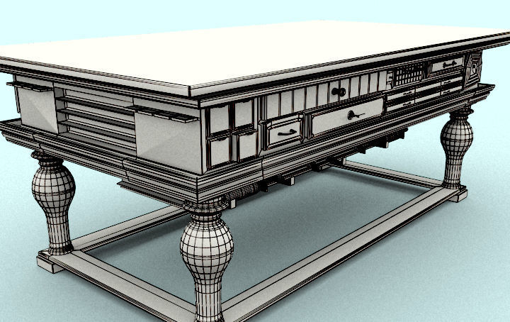 Antique Table with many drawers 3D model_7