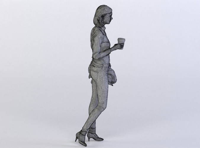 Business Woman Melinda 0407 in Jeans and Shirts Holding a Jacket and Coffee