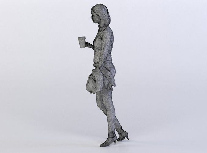 Business Woman Melinda 0407 in Jeans and Shirts Holding a Jacket and Coffee