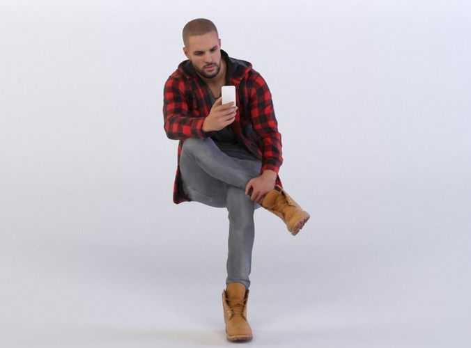 Man Daniel 0288 in Jeans and Red Shirts Sitting and Using a M... 3D model
