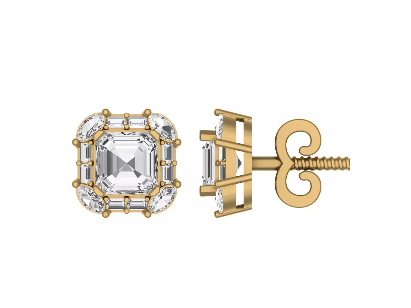 Asscher-Cut Diamond Halo Stud Earrings in Yellow Gold 3D print model
