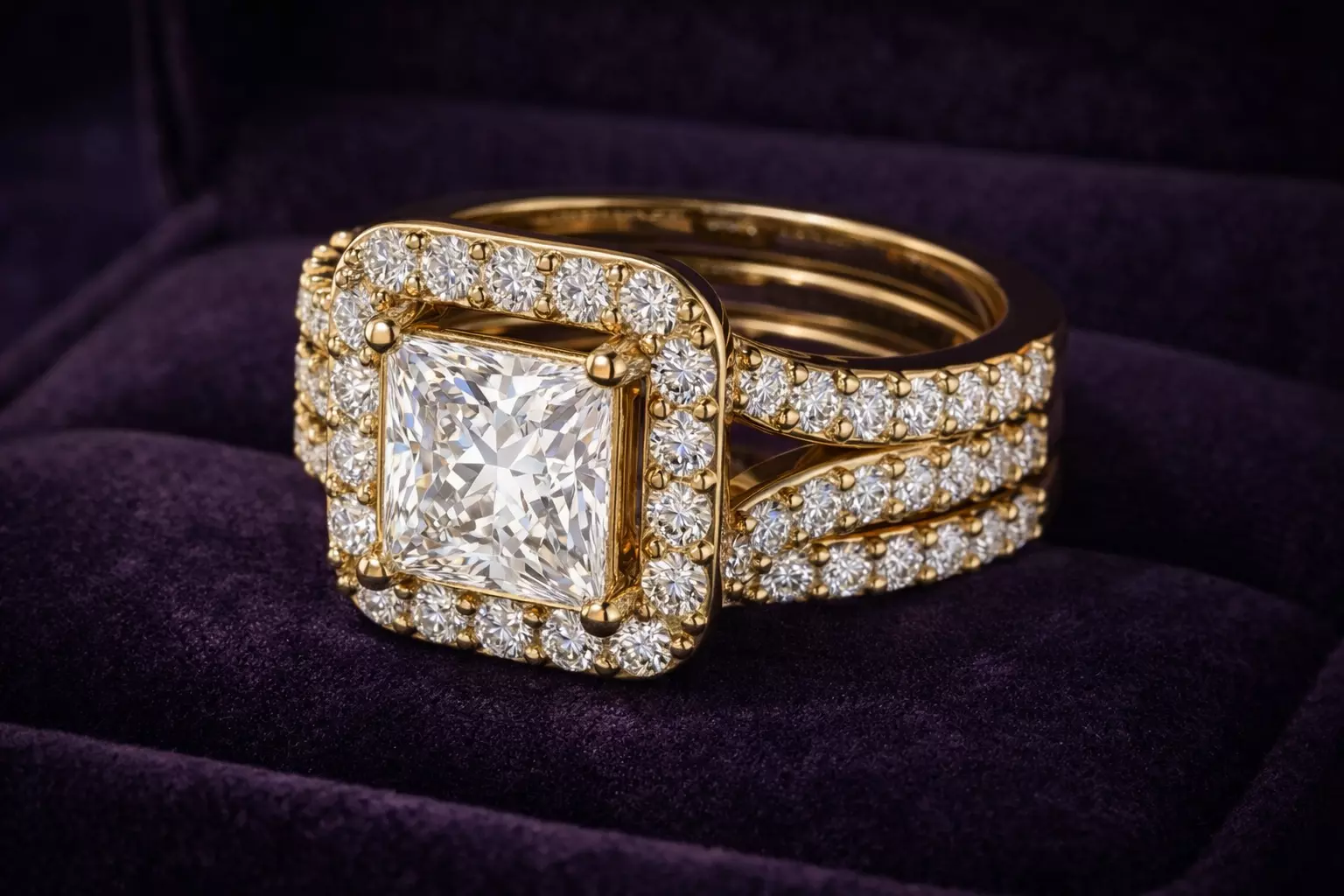 Princess Diamond Halo Engagement Ring Bridal Set 3D print model