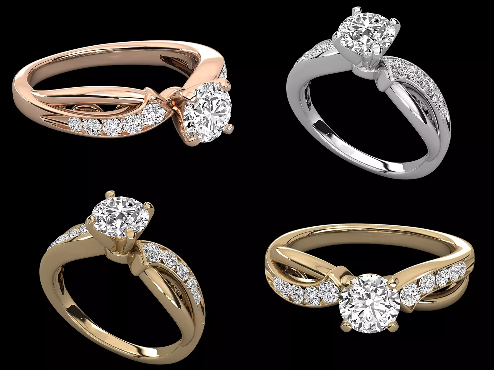 Twist Style Diamond Engagement Ring CAD Design with Side Stones 3D print model