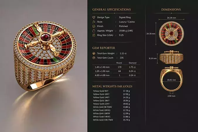 Luxury Roulette Ring Model Gold Diamond Casino Jewelry STL 3DM