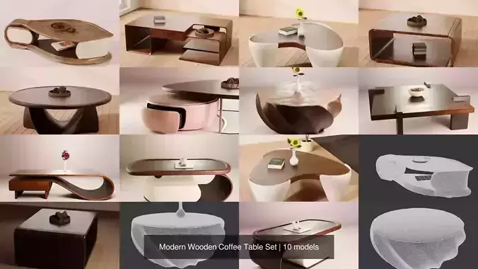 Modern Wooden Coffee Table Set 3D Model Pack