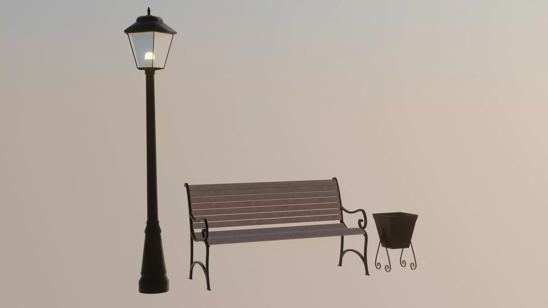 Low Poly Vintage Street Props Lantern Bench Trash Game Ready Free low-poly 3D model
