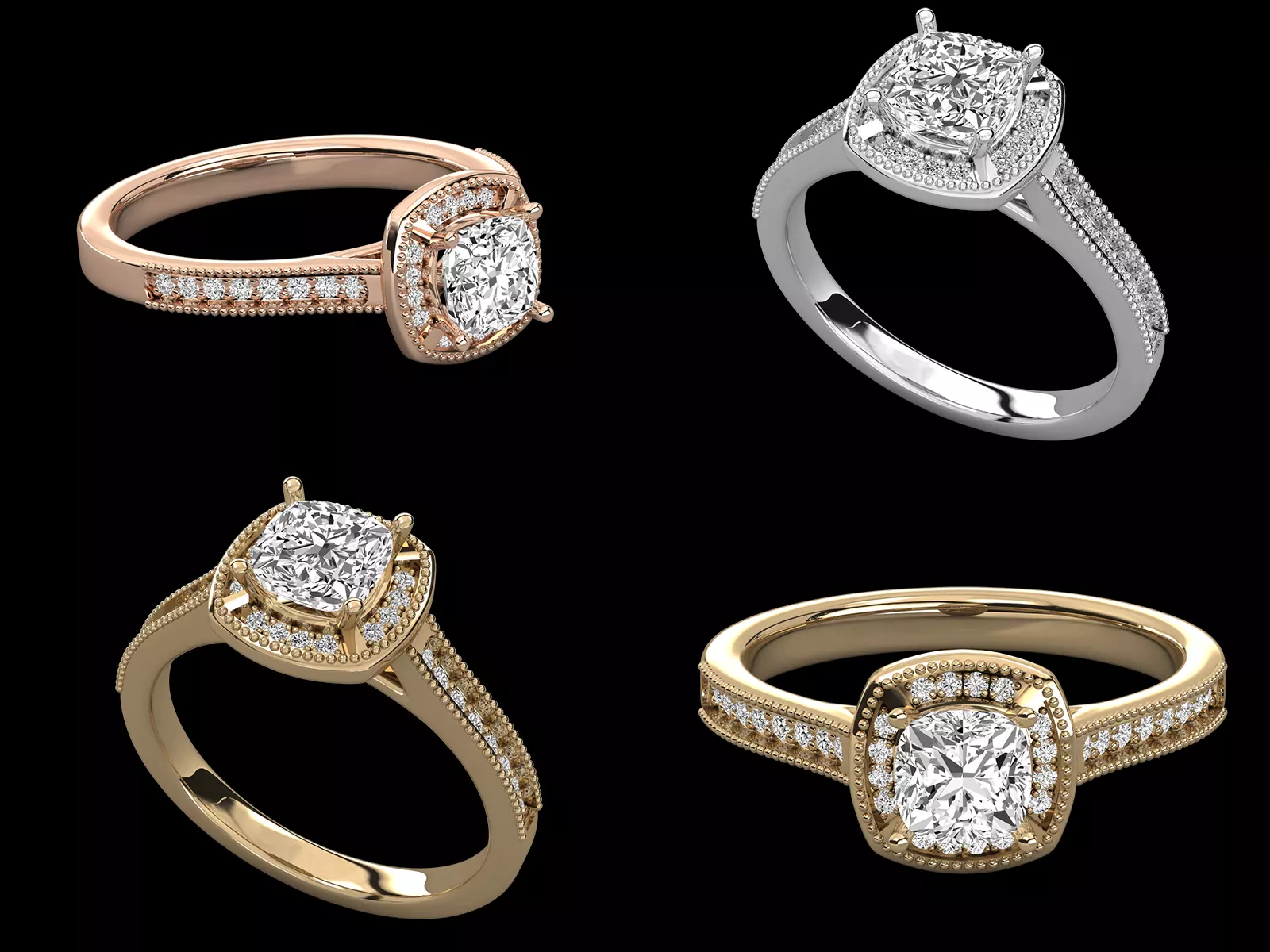 Cushion Cut Halo Diamond Ring CAD Design With Micro Pave Band 3D print model