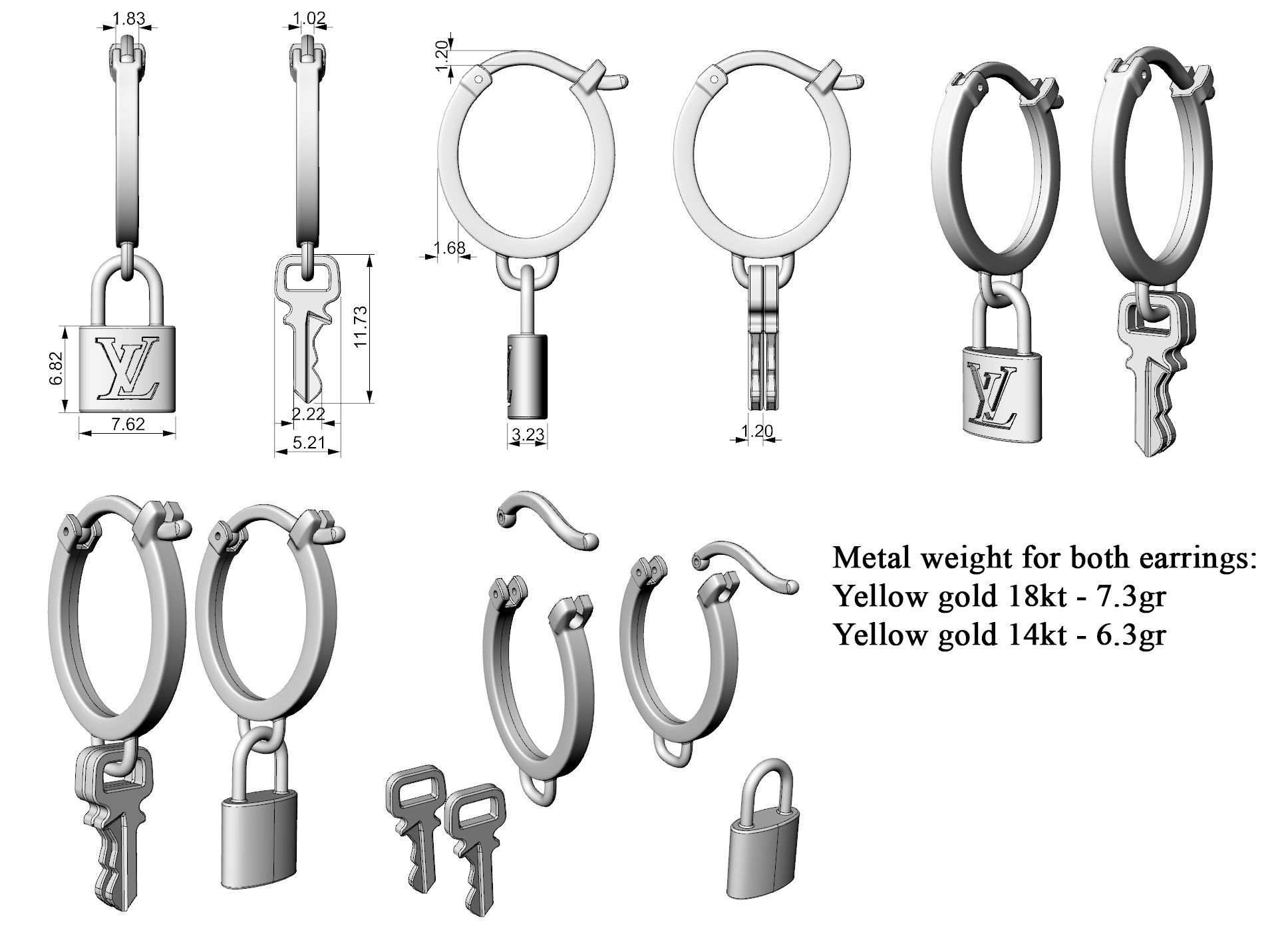 LV Earrings with keys and lock 3D print model_2
