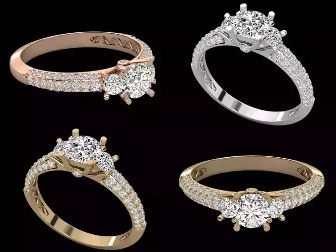 Luxury Three Stone Pave Solitaire Diamond Ring CAD Design 3D print model