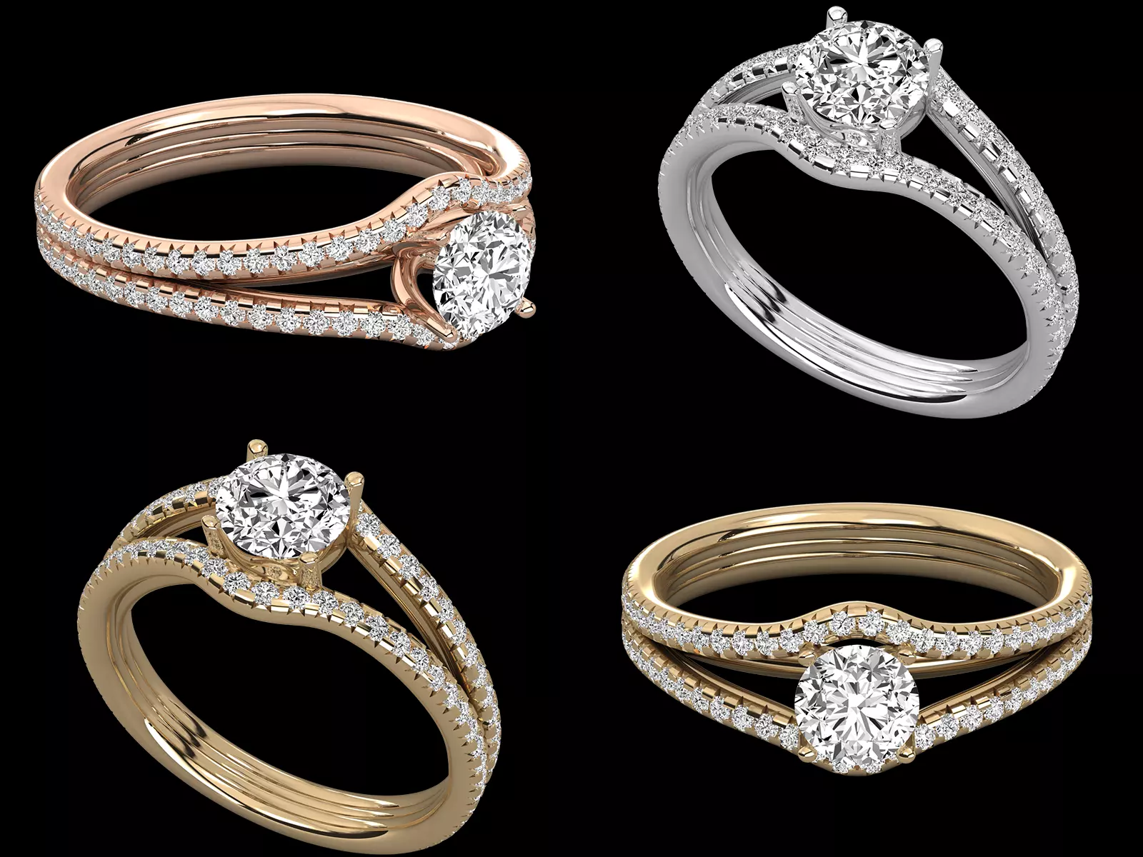 Luxury Double Row Split Pave Solitaire Diamond Ring CAD 3D print model